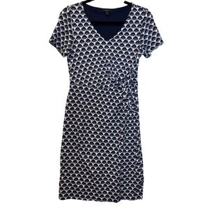 Talbots‎ Petite XS Navy White Faux Wrap Dress Short Sleeve V Neck Knee Length